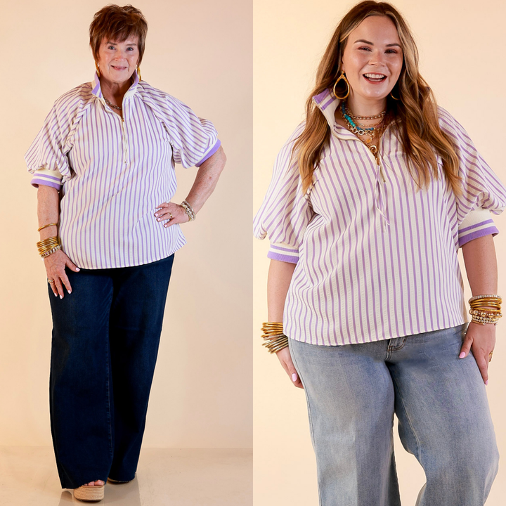 Bold Instincts Striped Print Half Zip Top with Puff Sleeves in Lavender Purple and Ivory