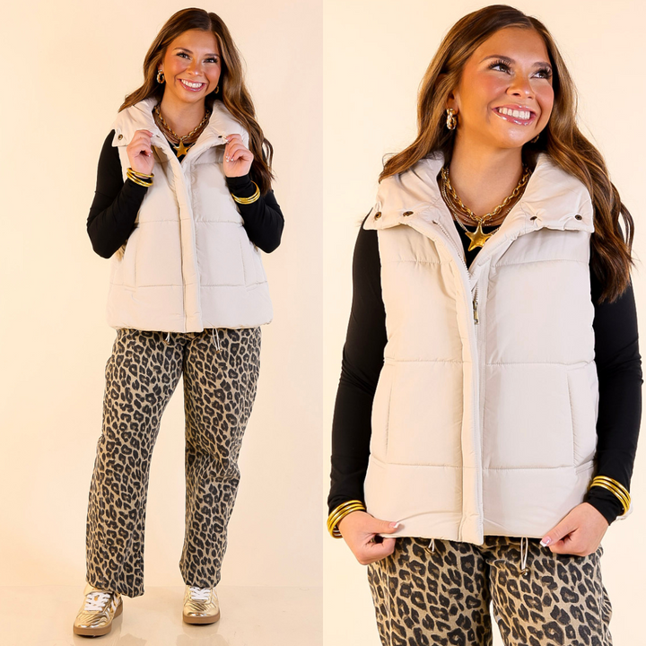 Evergreen Escape High Neck Puffer Vest in Cream