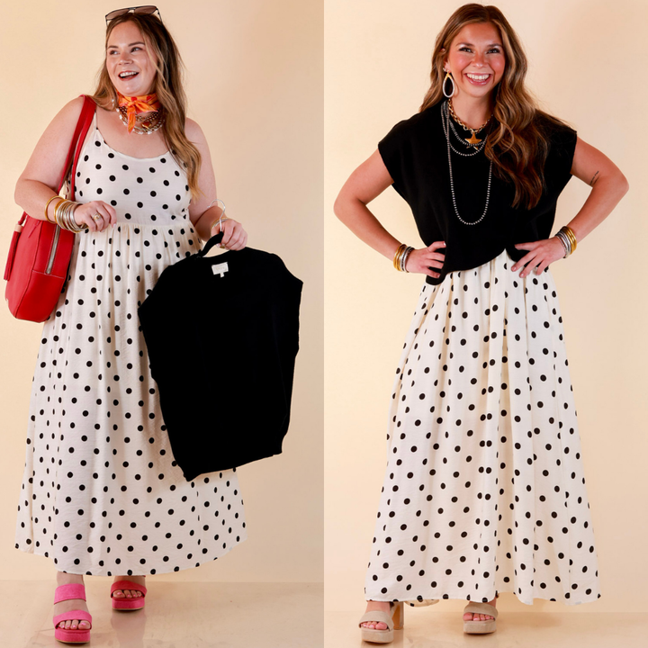 Two Ways to Charm Polka Dot Spaghetti Strap Dress Set with Detachable Black Top in Cream
