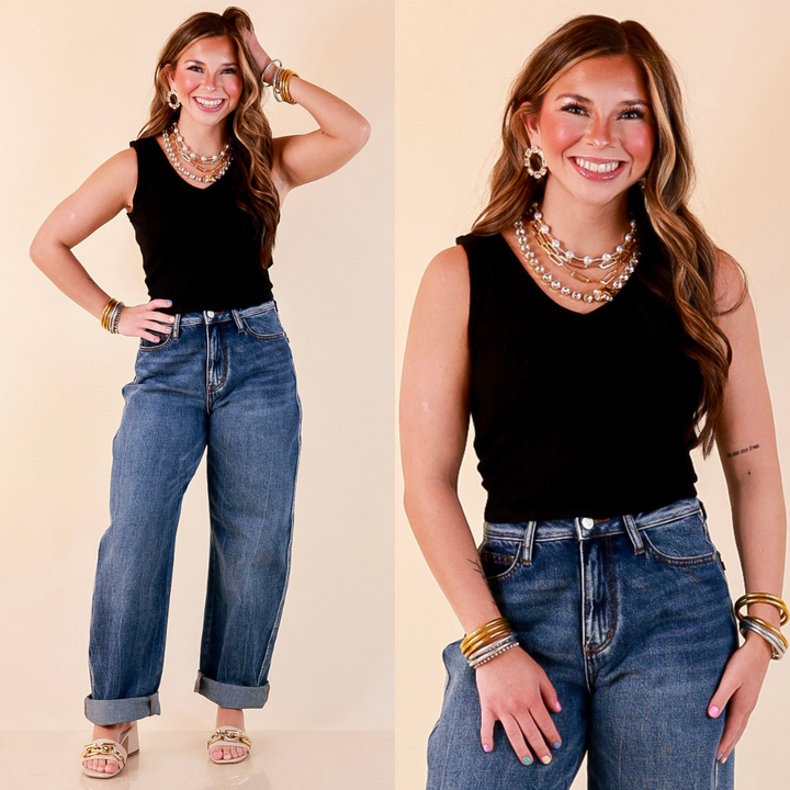 Simply Essential Sleeveless Ribbed Knit V Neck Tank Top in Black