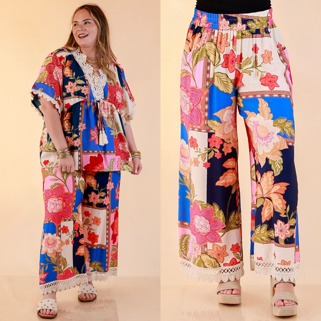 Patchwork Flair Floral Patchwork Print Wide Leg Pants with Lace Trim in Blue Mix