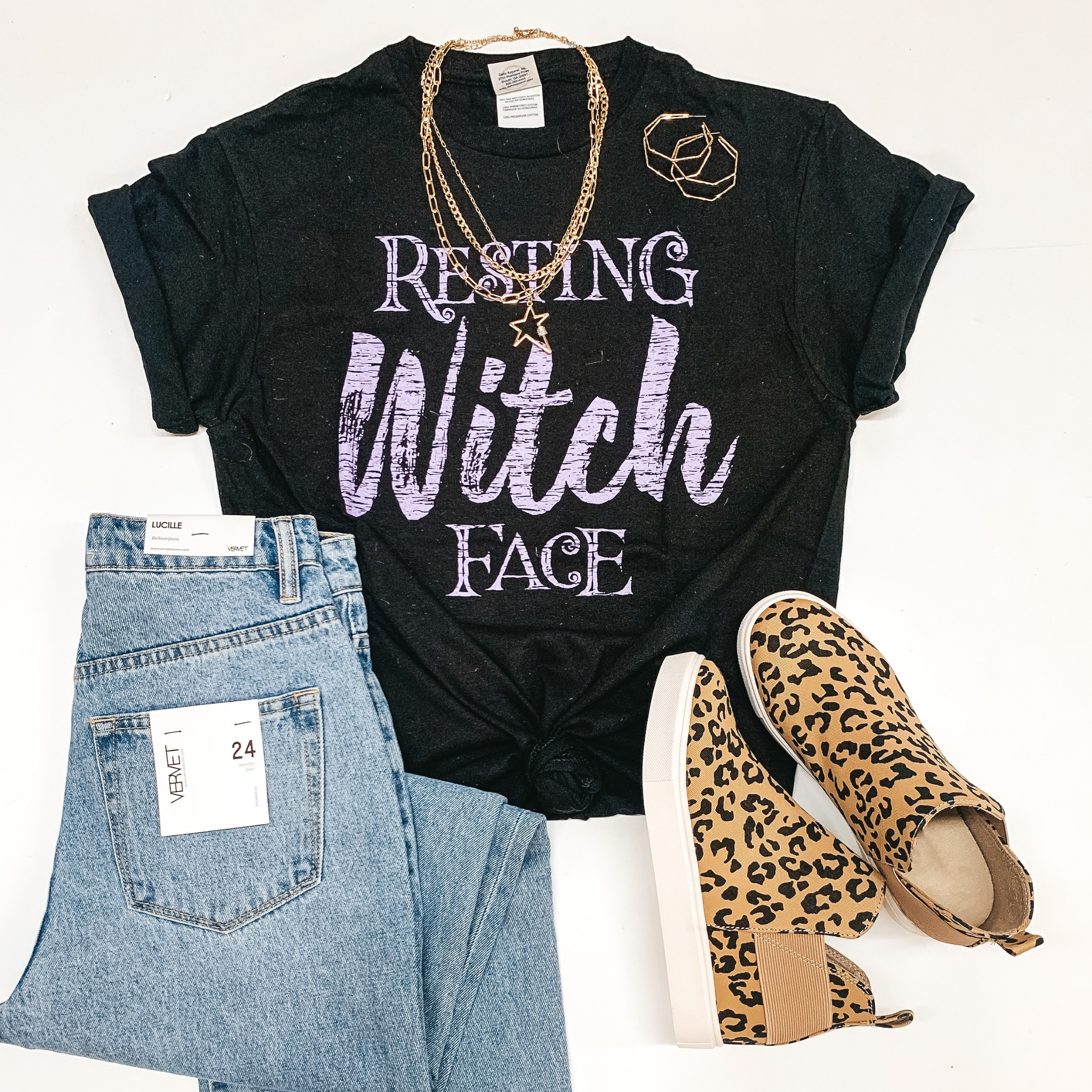 Resting Witch Face Short Sleeve Graphic Tee in Black - Giddy Up Glamour Boutique