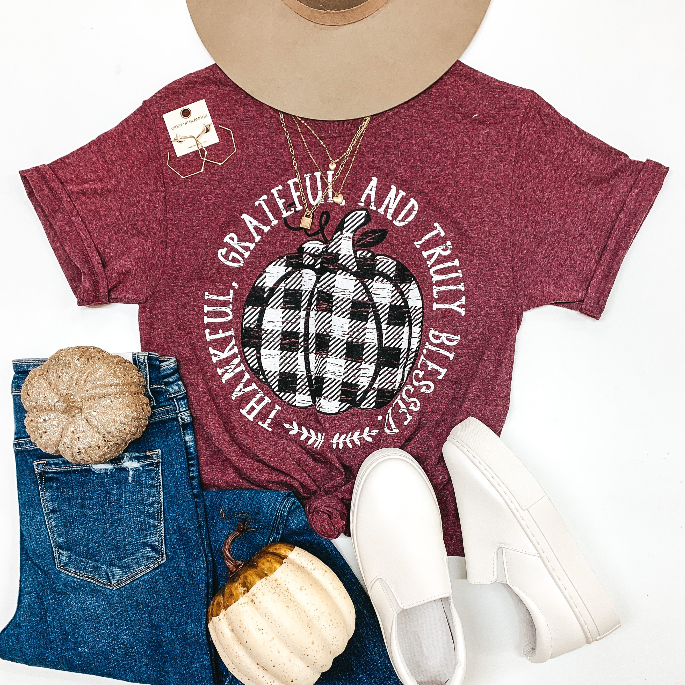 Thankful, Grateful, and Truly Blessed Short Sleeve Graphic Tee in Heather Maroon - Giddy Up Glamour Boutique