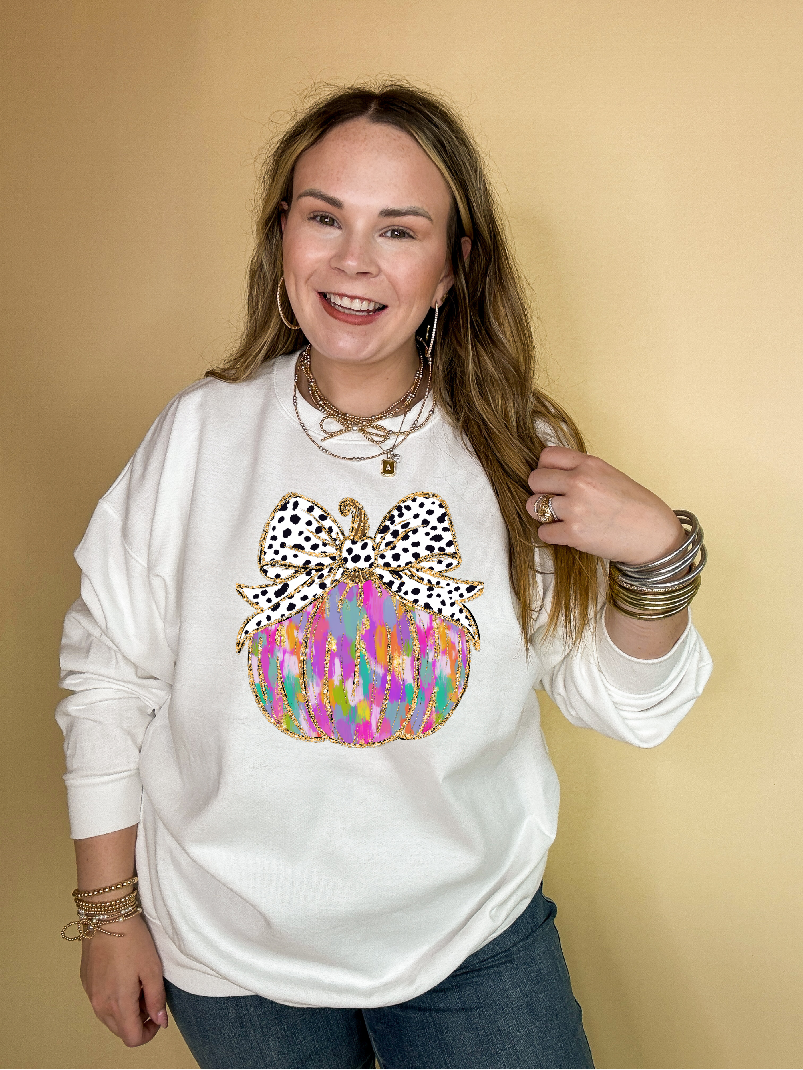 Online Exclusive | Coquette Multi Colored Pumpkin with Spotted Bow and Gold Detailing Graphic Sweatshirt in Multiple Color Options