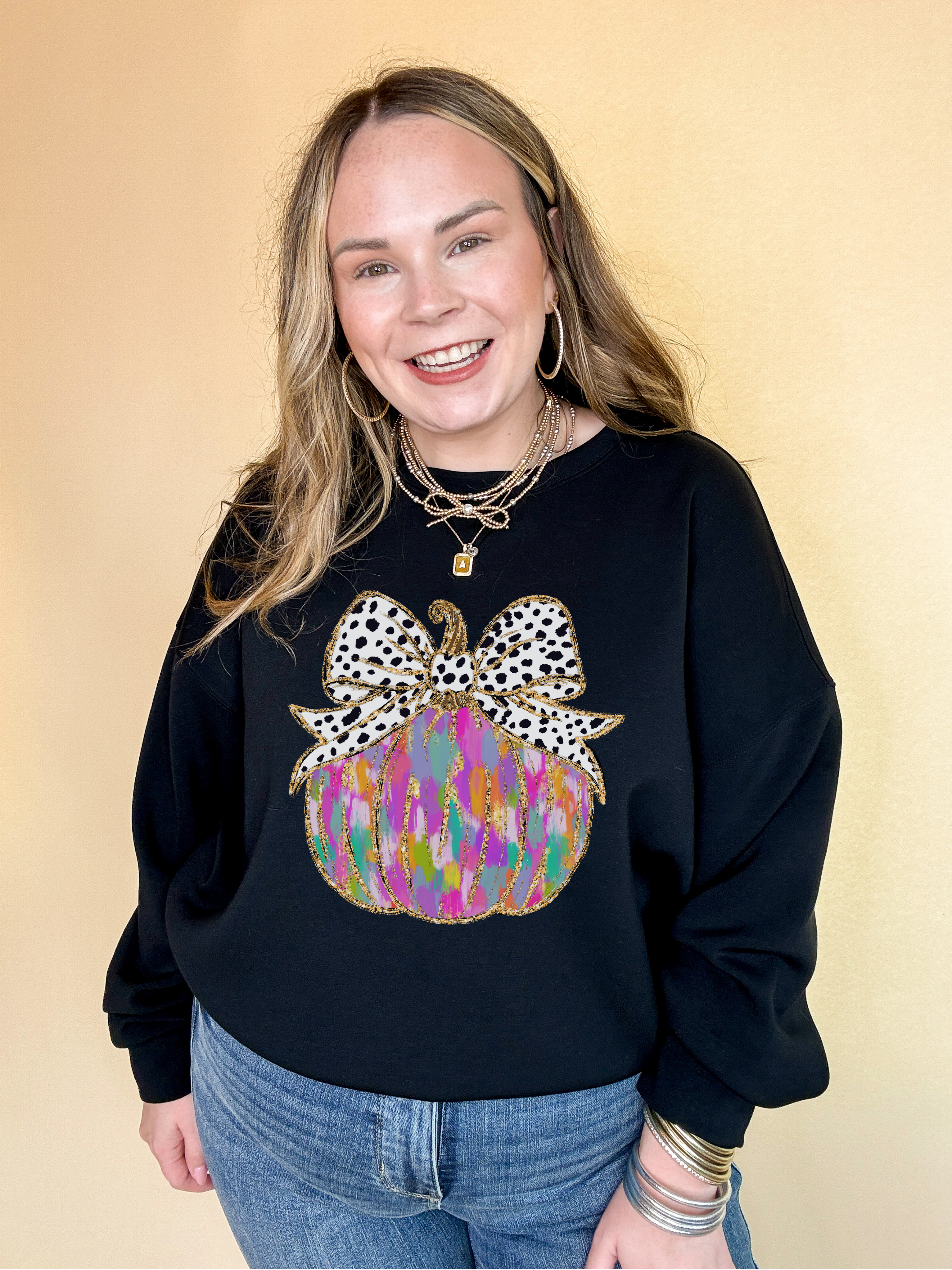 Online Exclusive | Coquette Multi Colored Pumpkin with Spotted Bow and Gold Detailing Graphic Sweatshirt in Multiple Color Options