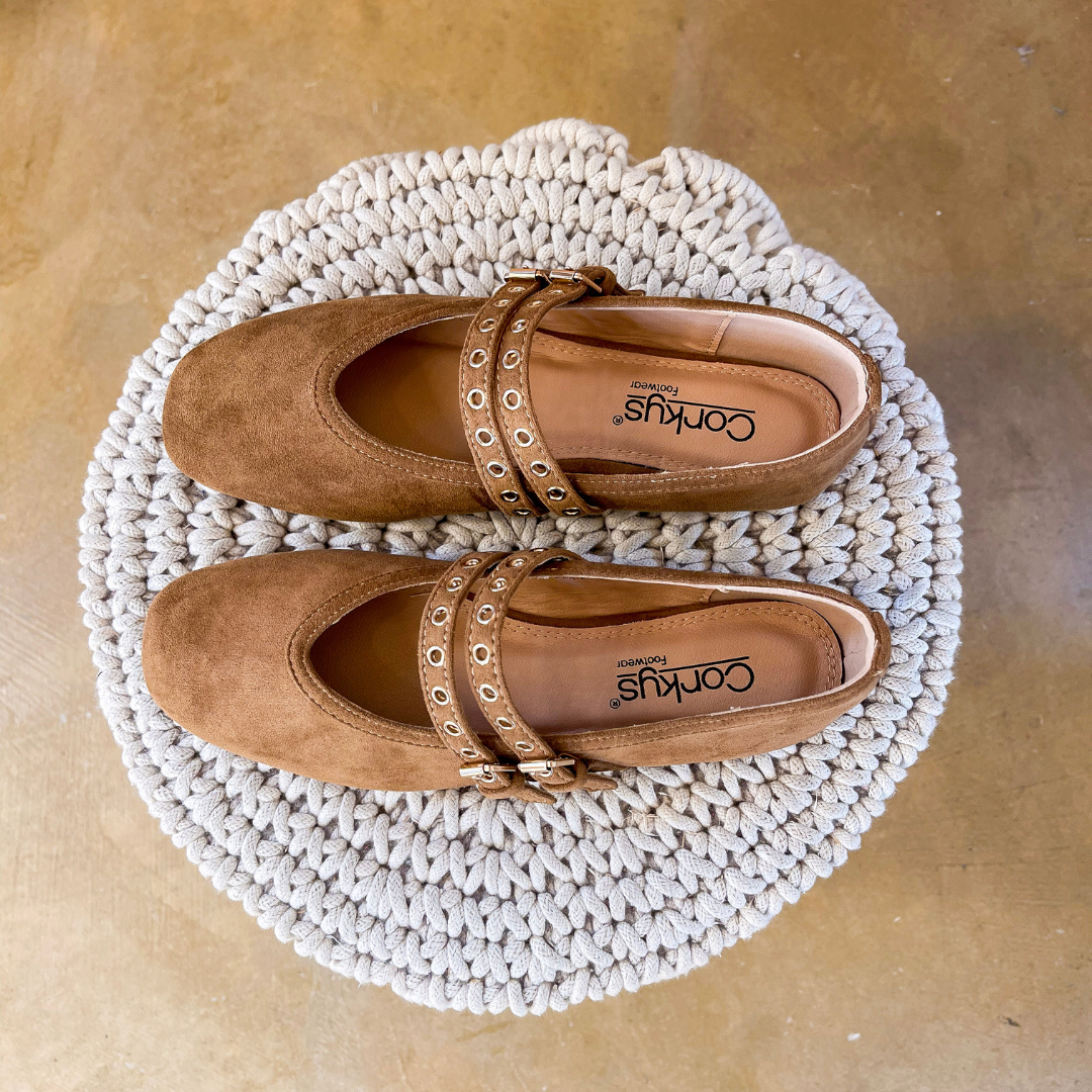 Corky’s | All Eyes on Me Faux Suede Double Strap Mary Jane Ballet Flats with Grommet Detail in Camel Brown