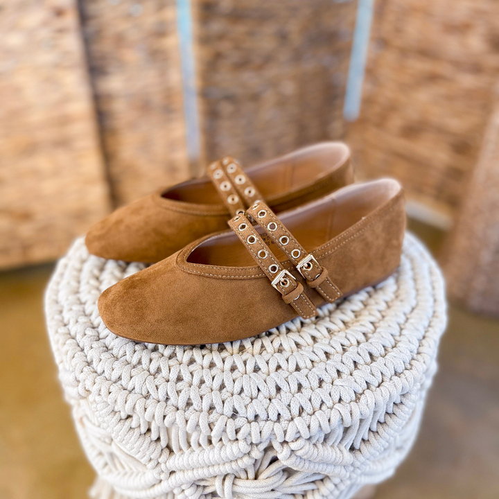 Corky’s | All Eyes on Me Faux Suede Double Strap Mary Jane Ballet Flats with Grommet Detail in Camel Brown