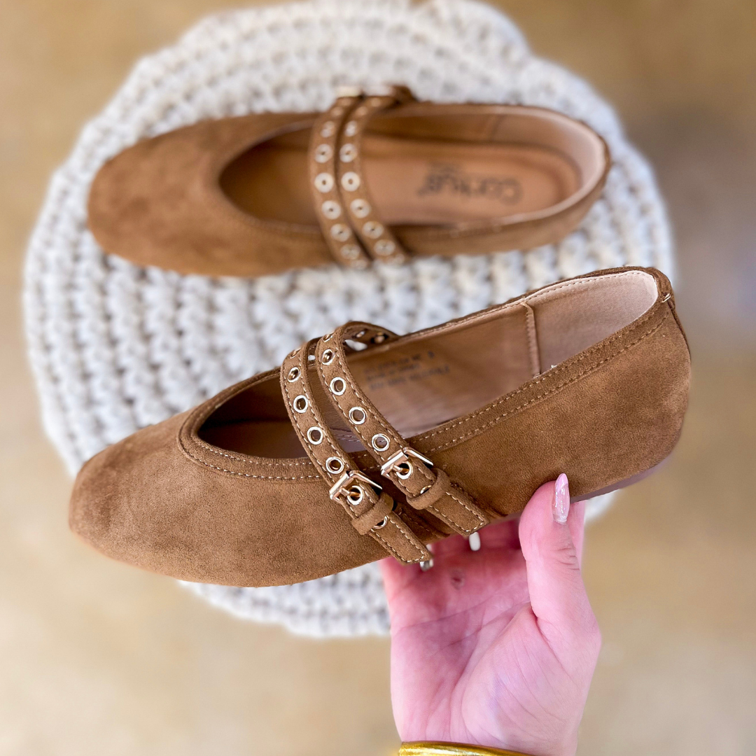 Corky’s | All Eyes on Me Faux Suede Double Strap Mary Jane Ballet Flats with Grommet Detail in Camel Brown