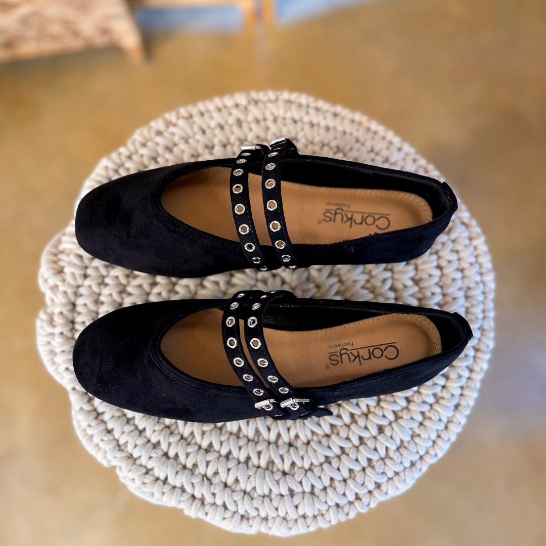 Corky’s | All Eyes on Me Faux Suede Double Strap Mary Jane Flats with Grommet Detail in Black