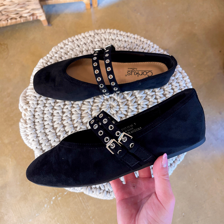 Corky’s | All Eyes on Me Faux Suede Double Strap Mary Jane Flats with Grommet Detail in Black