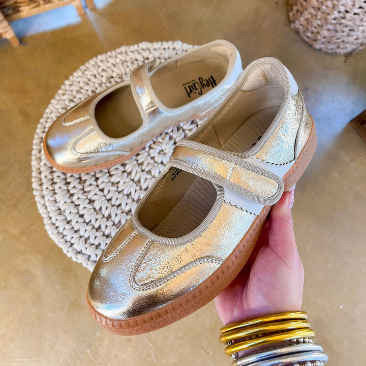 Corky’s | Calm Down Metallic Mary Jane Sneaker with Velcro Strap in Gold