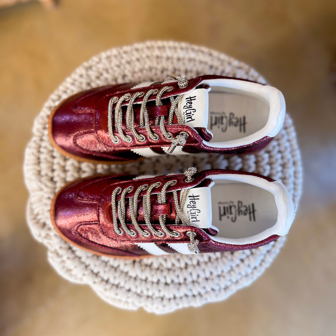 Corky’s | Heads Up Metallic Lace-Up Sneaker with White Stripes in Burgundy Metallic