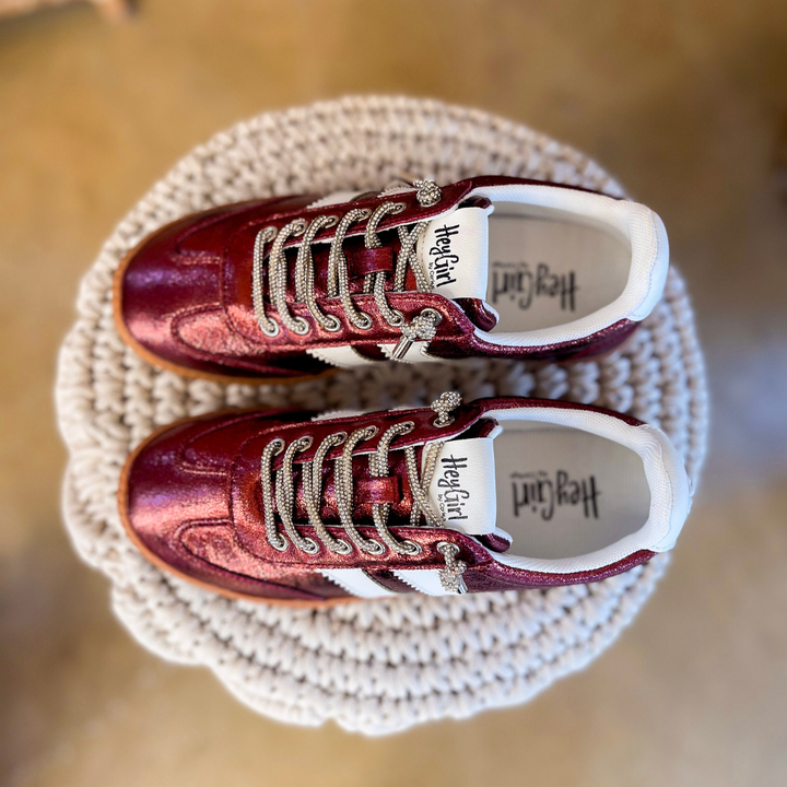 Corky’s | Heads Up Metallic Lace-Up Sneaker with White Stripes in Burgundy Metallic