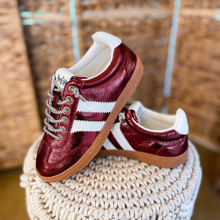 Corky’s | Heads Up Metallic Lace-Up Sneaker with White Stripes in Burgundy Metallic