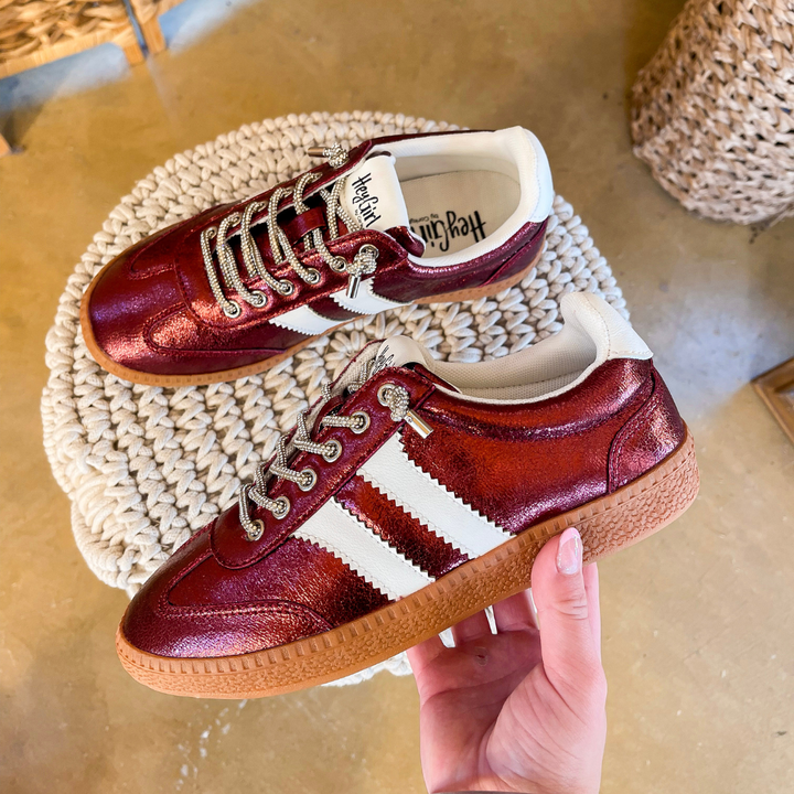 Corky’s | Heads Up Metallic Lace-Up Sneaker with White Stripes in Burgundy Metallic