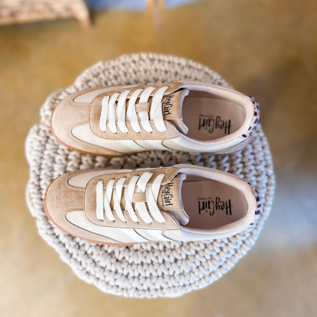 Corky’s | Heads Up Mixed Material Lace-Up Sneaker with Suede Accents and Leopard Detail in Sand