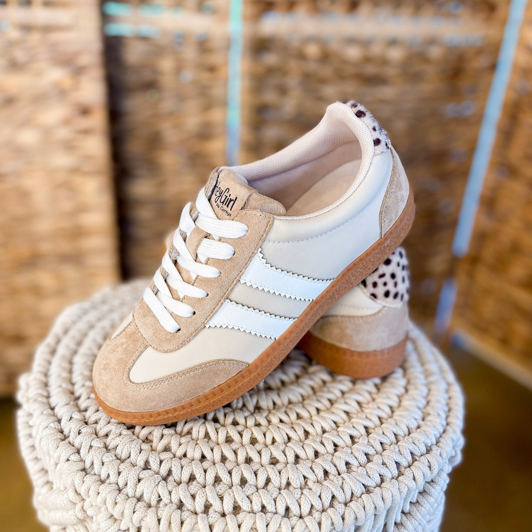 Corky’s | Heads Up Mixed Material Lace-Up Sneaker with Suede Accents and Leopard Detail in Sand