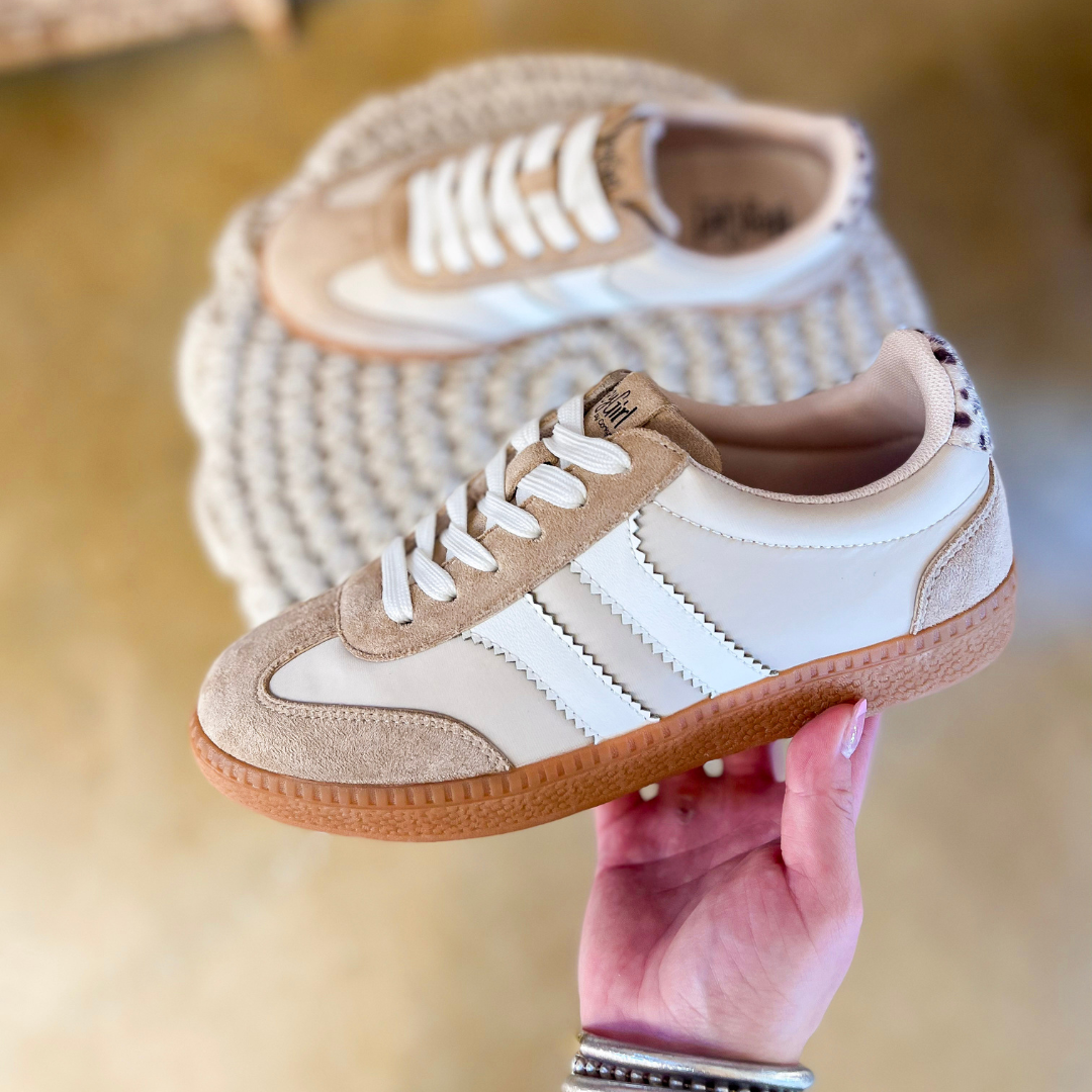 Corky’s | Heads Up Mixed Material Lace-Up Sneaker with Suede Accents and Leopard Detail in Sand