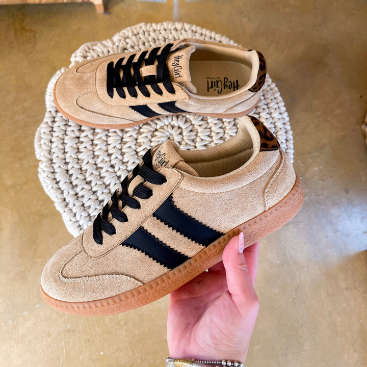 Corky’s | Heads Up Suede Lace-Up Sneaker with Black Stripes and Leopard Detail in Camel Brown