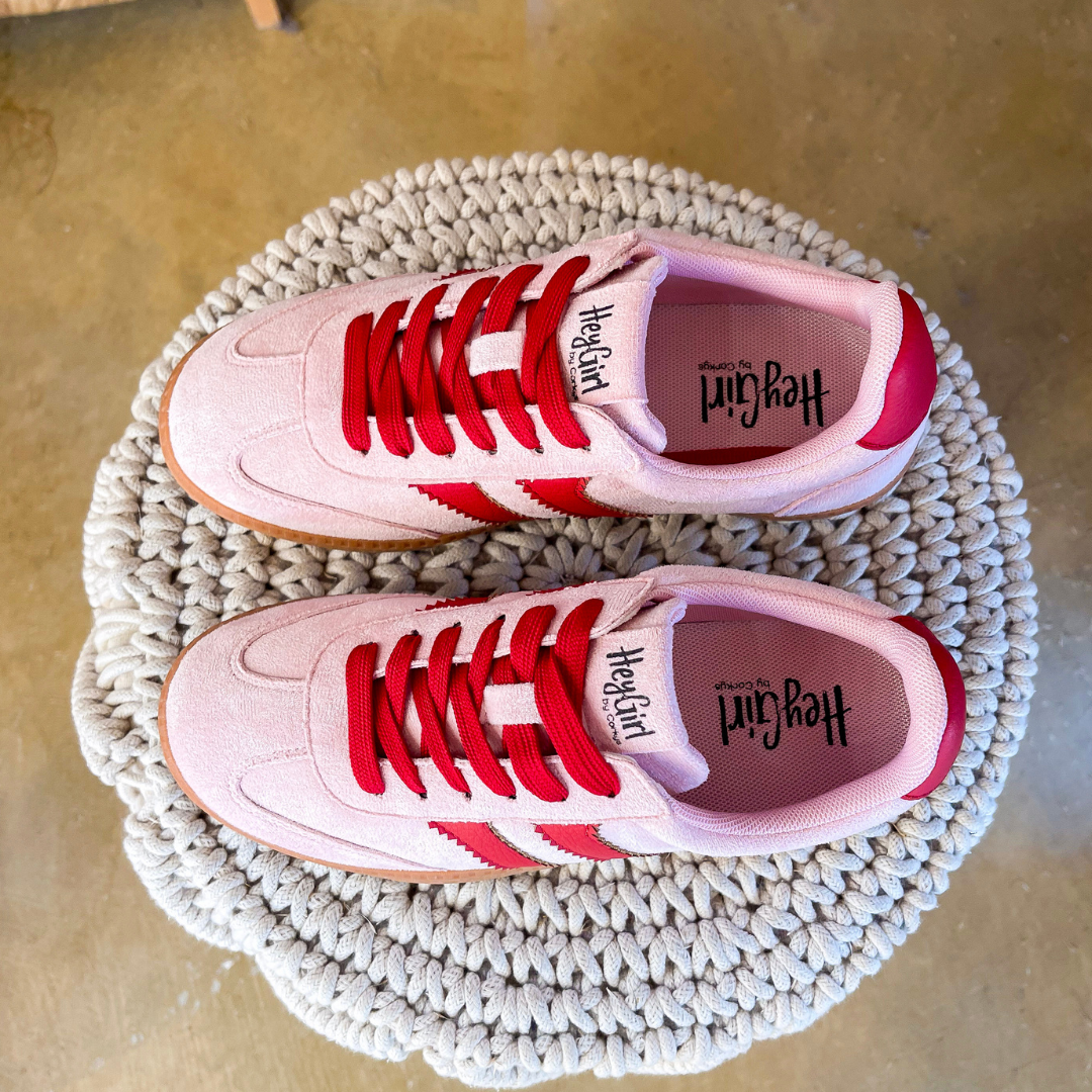 Corky’s | Heads Up Suede Lace-Up Sneaker with Contrast Stripes and Gum Sole in Pink and Red