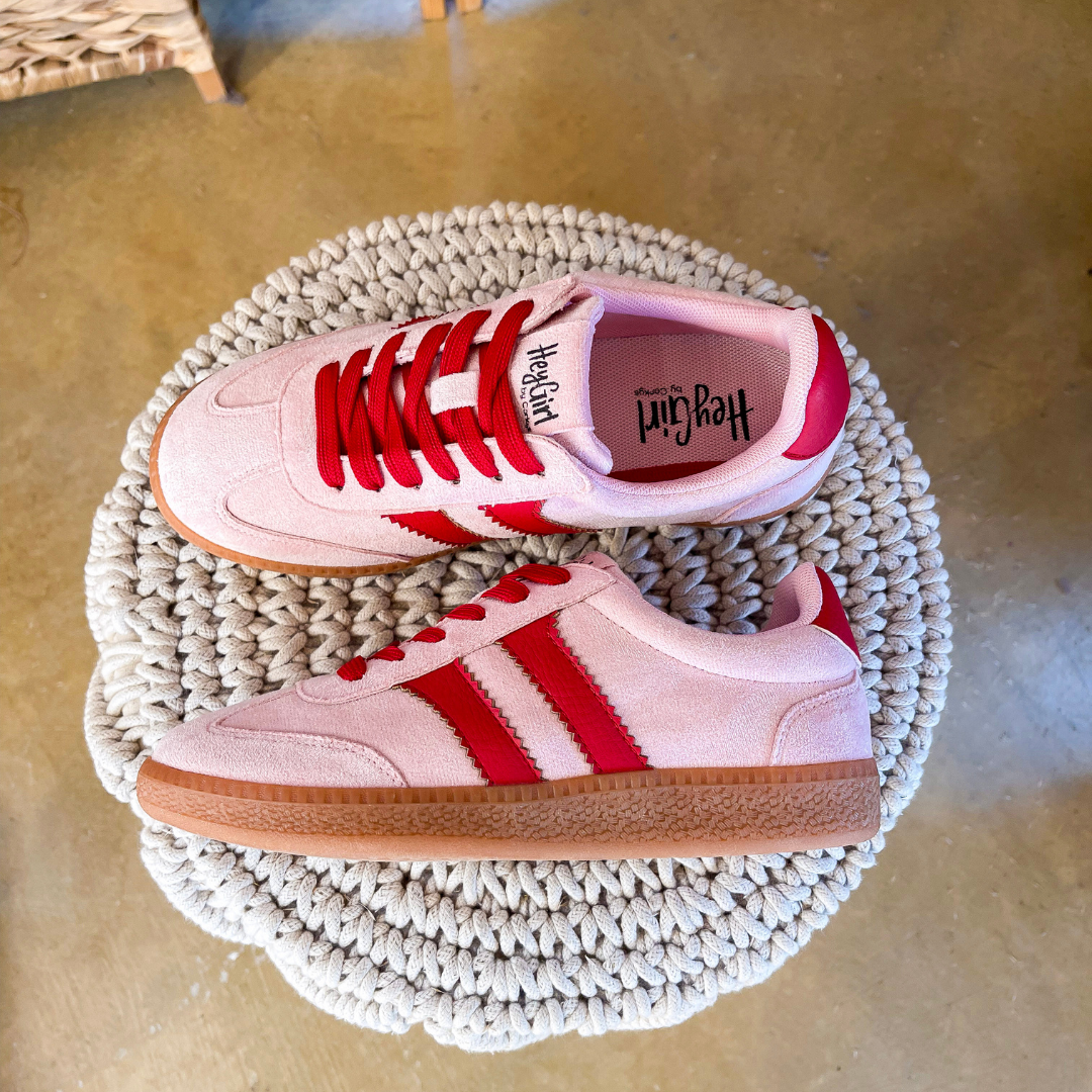 Corky’s | Heads Up Suede Lace-Up Sneaker with Contrast Stripes and Gum Sole in Pink and Red