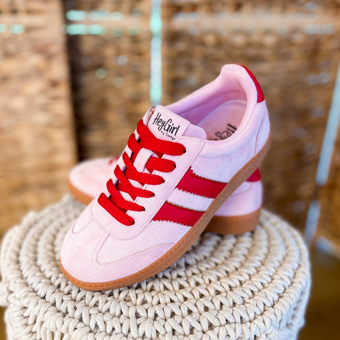 Corky’s | Heads Up Suede Lace-Up Sneaker with Contrast Stripes and Gum Sole in Pink and Red