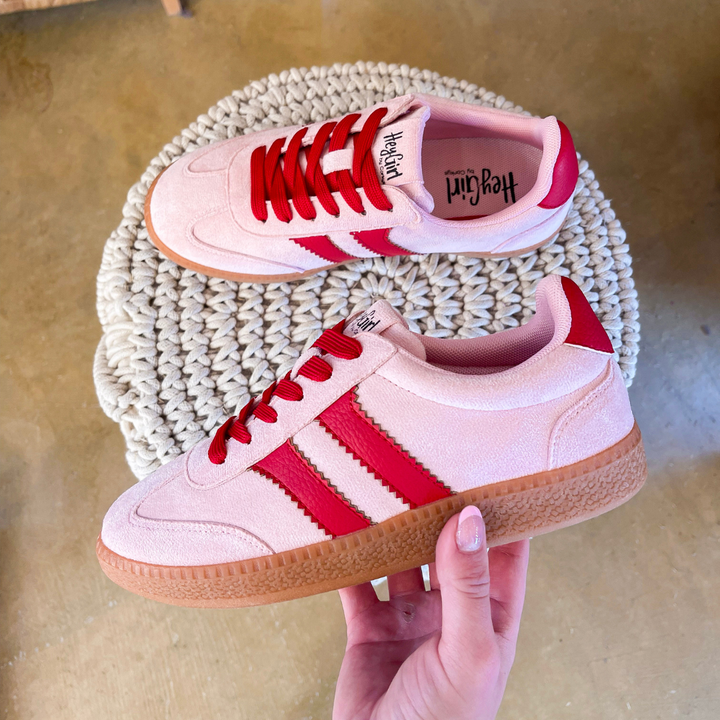 Corky’s | Heads Up Suede Lace-Up Sneaker with Contrast Stripes and Gum Sole in Pink and Red