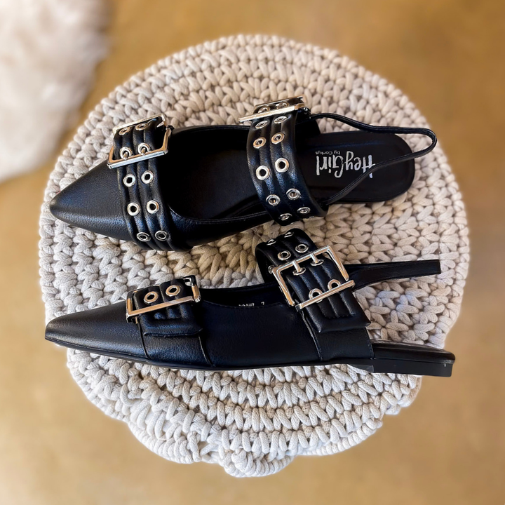 Corky's | On the Prowl Pointed Toe Buckle Slingback Mule Flat Sandal in Black
