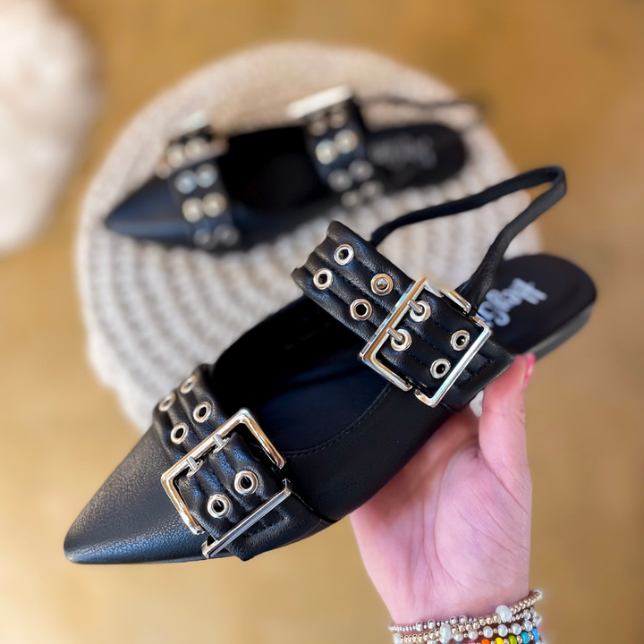Corky's | On the Prowl Pointed Toe Buckle Slingback Mule Flat Sandal in Black