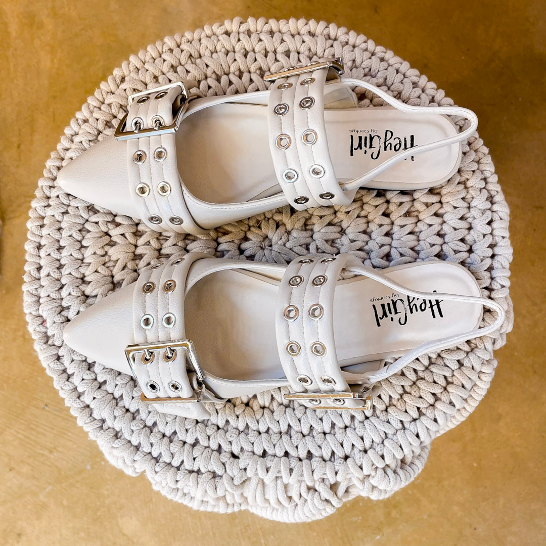 Corky's | On the Prowl Pointed Toe Buckle Slingback Mule Flat Sandal in Ivory