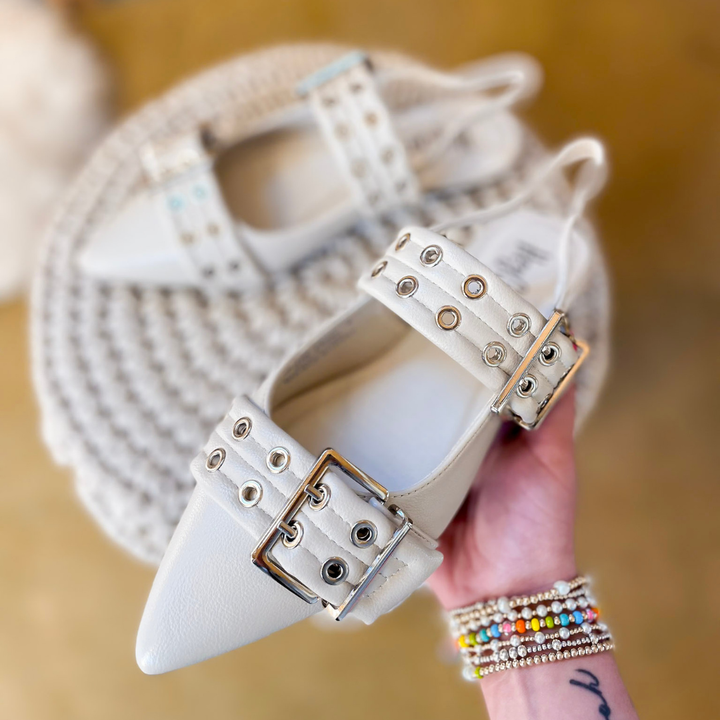 Corky's | On the Prowl Pointed Toe Buckle Slingback Mule Flat Sandal in Ivory