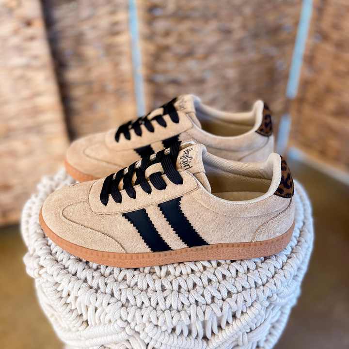 Corky’s | Heads Up Suede Lace-Up Sneaker with Black Stripes and Leopard Detail in Camel Brown