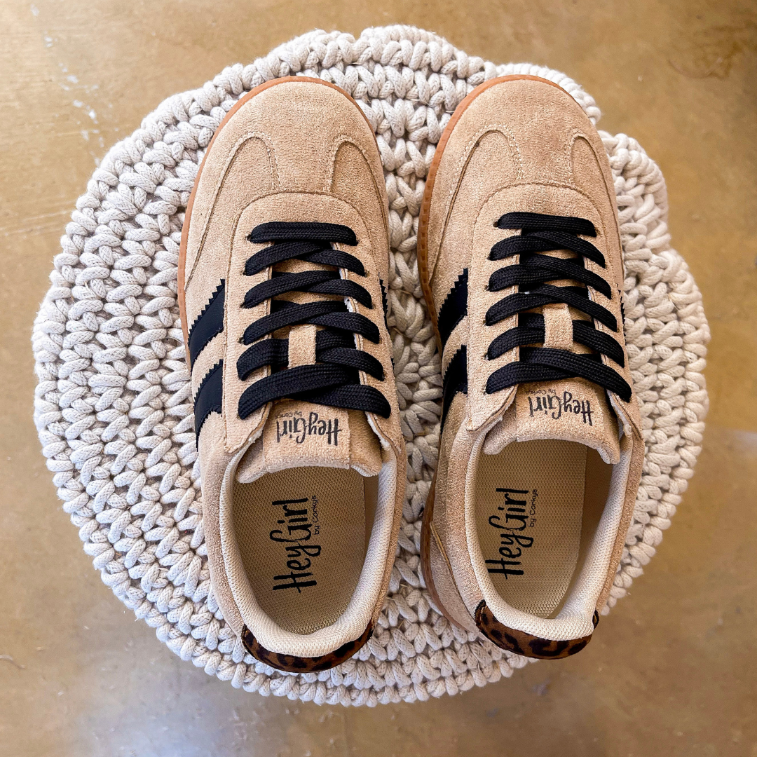 Corky’s | Heads Up Suede Lace-Up Sneaker with Black Stripes and Leopard Detail in Camel Brown