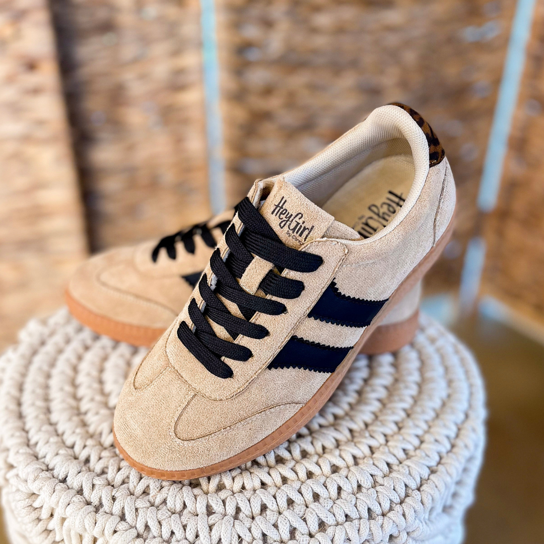 Corky’s | Heads Up Suede Lace-Up Sneaker with Black Stripes and Leopard Detail in Camel Brown
