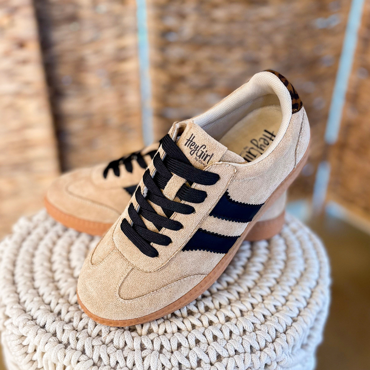 Corky’s | Heads Up Suede Lace-Up Sneaker with Black Stripes and Leopard Detail in Camel Brown