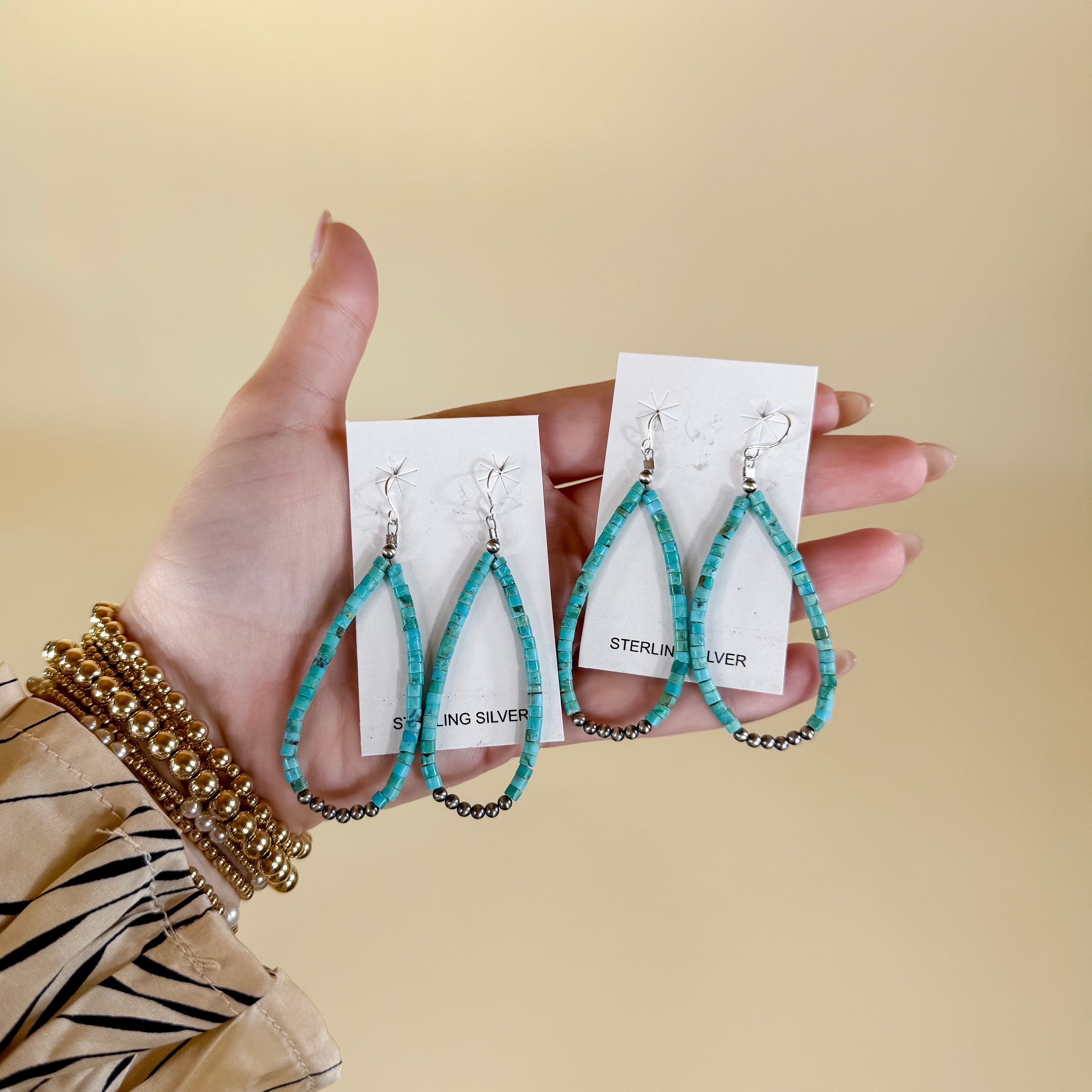 Corraine Smith | Navajo Handmade Turquoise Beaded Teardrop Earrings with Sterling Silver Navajo Pearls