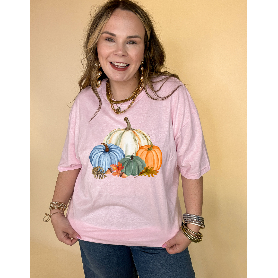 Online Exclusive |  Country Pumpkin Arrangement of Four Colored Pumpkins Graphic Tee in Multiple Color Options