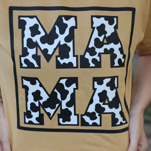 Beige t-shirt with 'MAMA' printed in black and white cow print design.