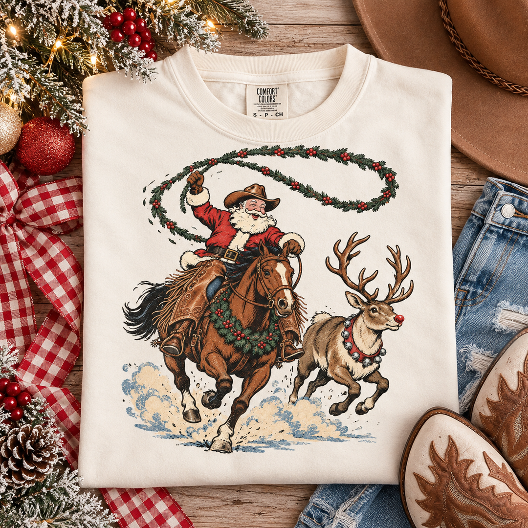 Cowboy Santa Christmas graphic tee or sweatshirt on ivory with Santa on horseback swinging a garland lasso with a reindeer