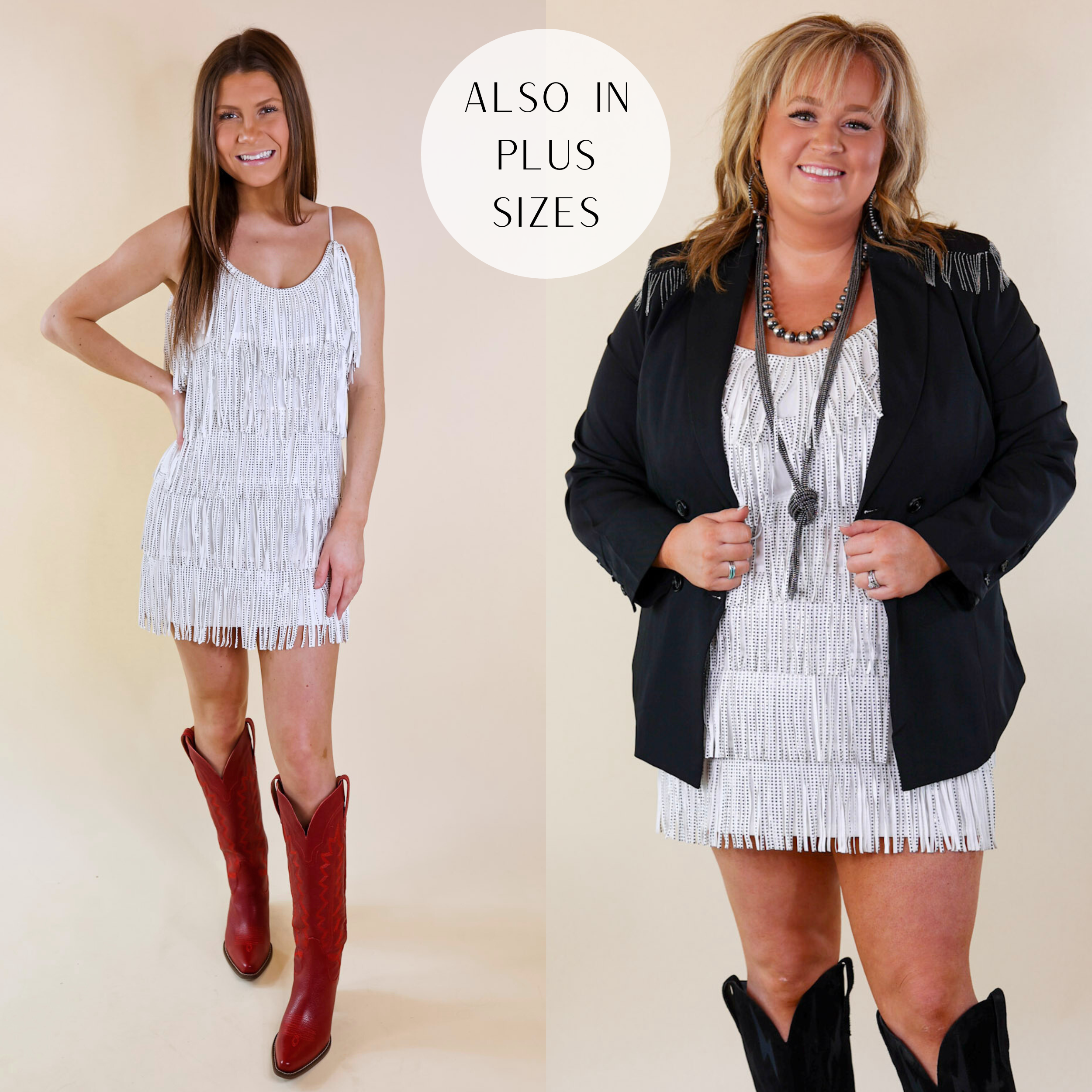 Model is wearing a short white dress that has crystal fringe all over and spaghetti straps. Model has it paired with red boots. Plus size model has it paired with black boots, a black fringe jacket, and silver jewelry.