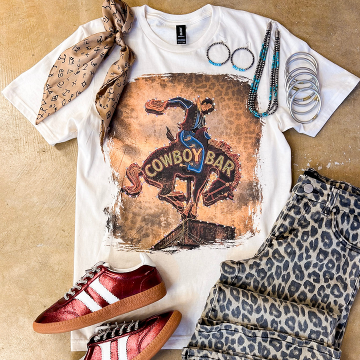 Cowboy Social Club Vintage Cowboy Bar Printed Short Sleeve Graphic Tee with Crystals in Cream