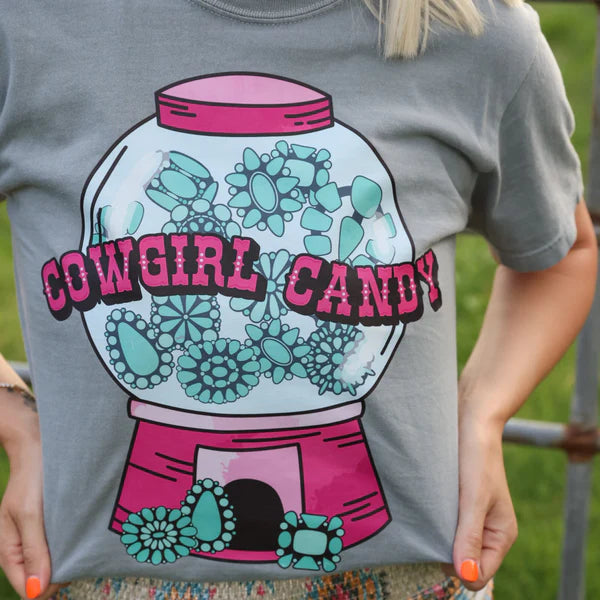 Gray t-shirt with 'Cowgirl Candy' graphic design featuring a gumball machine and flowers.