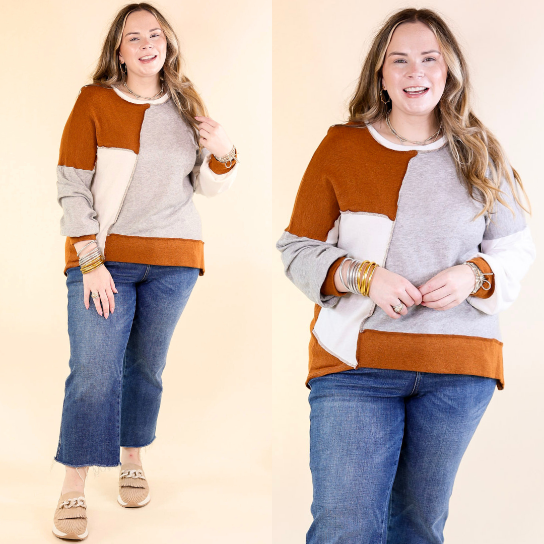 Cozy Creation Colorblock Long Sleeve Top in Rust Orange Mix