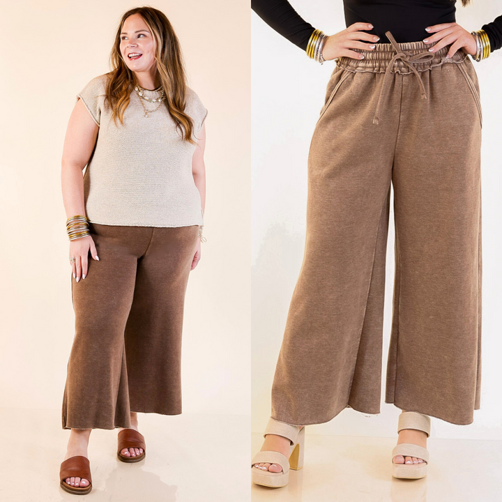 Cozy Girl Cropped Acid Washed Drawstring Pant in Brown