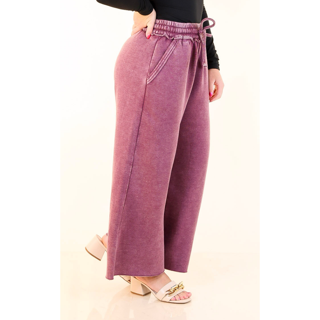 Cozy Girl Cropped Acid Washed Drawstring Pant in Maroon
