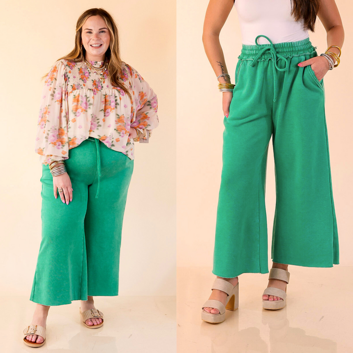 Cropped, cozy, and cool with distressed edges and a comfy drawstring waist—your new go-to sweatpants. Sizes small through large.