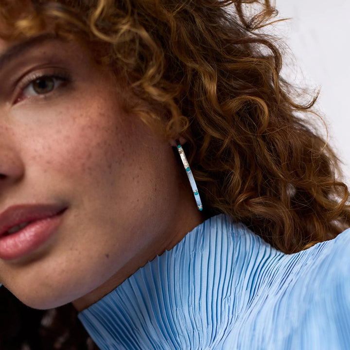 Julie Vos | Turquoise Blue Crescent Stone Hoop Earrings in Silver