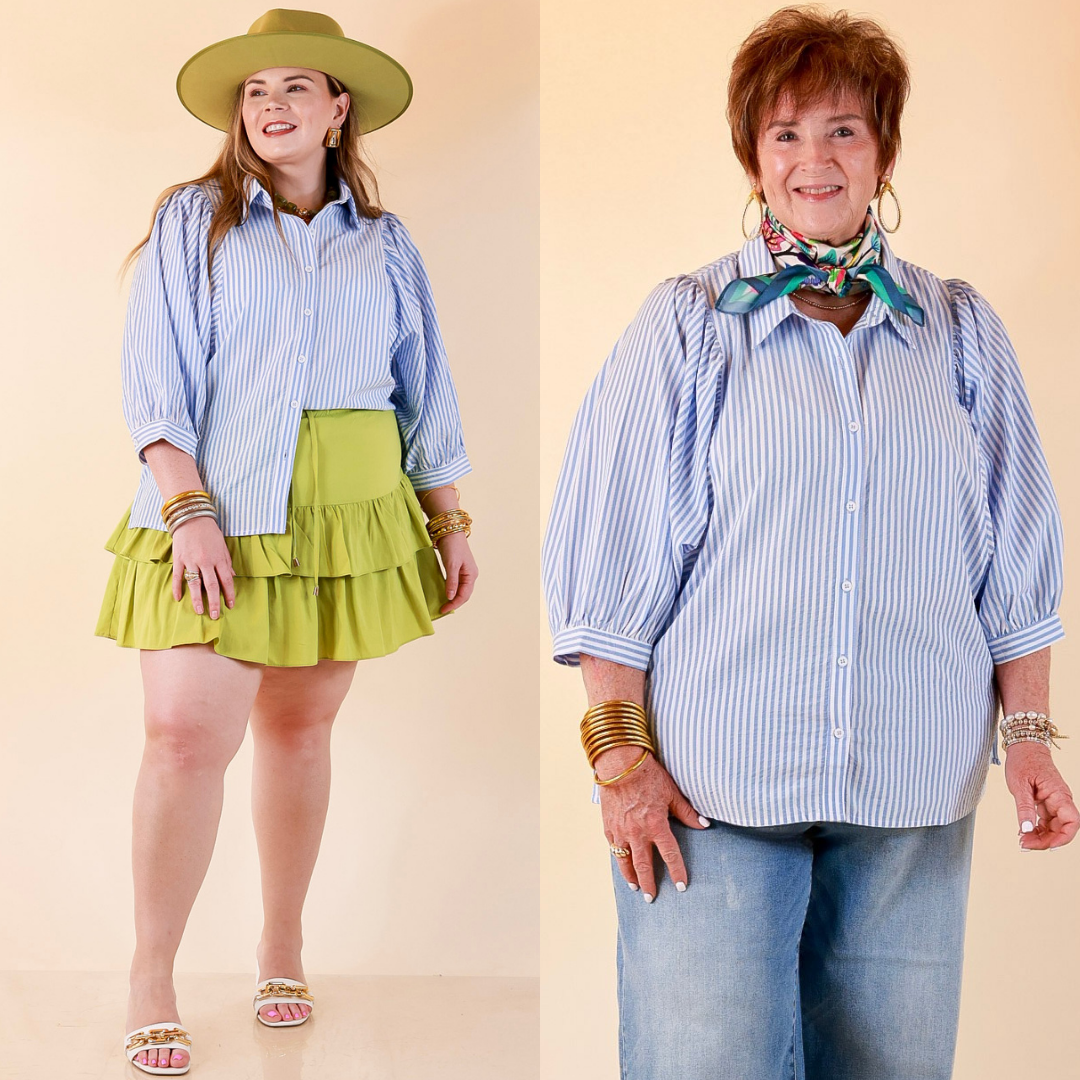 Crisp and Collected Stripe Button Front Collared Top with Puff Short Sleeves in Blue and White
