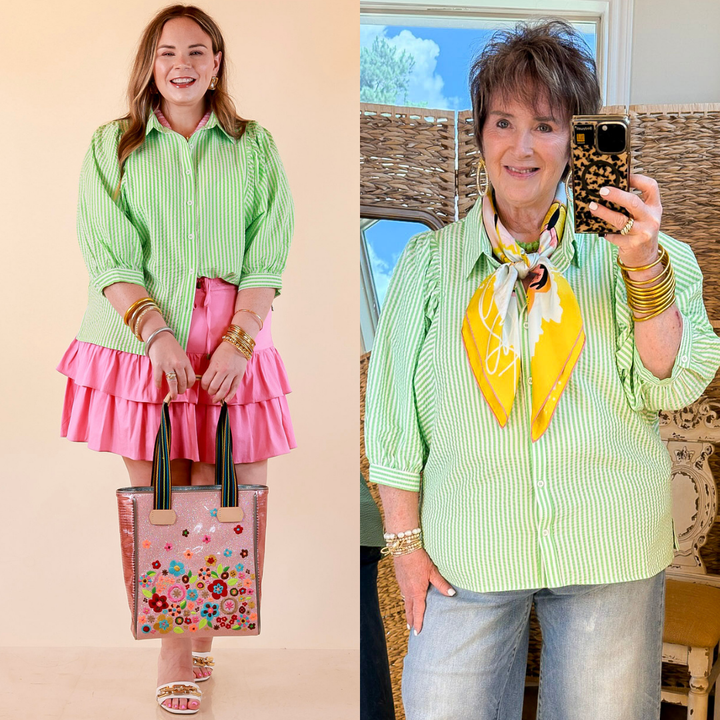Crisp and Collected Stripe Button Front Collared Top with Puff Short Sleeves in Lime Green and White