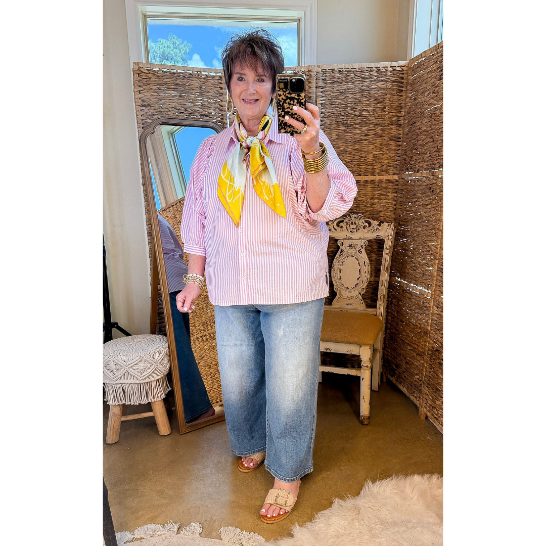 Crisp and Collected Stripe Button Front Collared Top with Puff Short Sleeves in Pink and White
